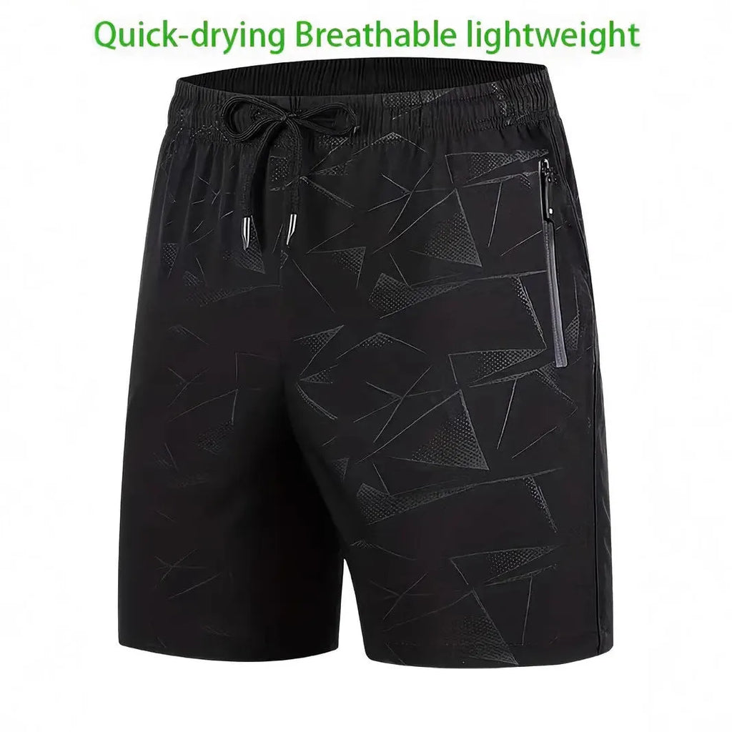 Men's loose fit sports shorts in polyester fabric with elastic waistband available in black, grey, and blue colours
