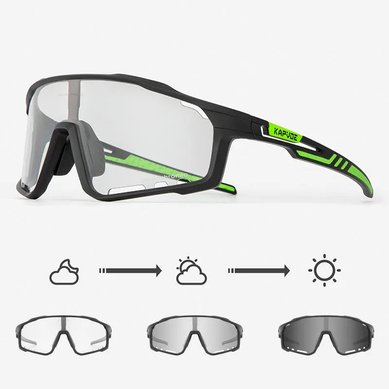 Photochromic cycling sunglasses with semi-rimless TR90 frame on a solid colour background