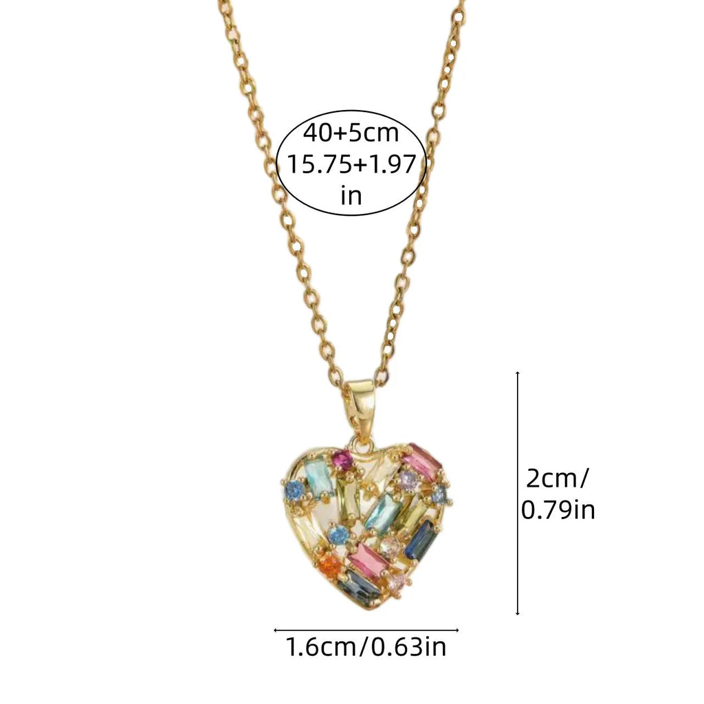 Women's copper heart pendant necklace with zircon centre electroplated finish O-ring chain gold blue colour option
