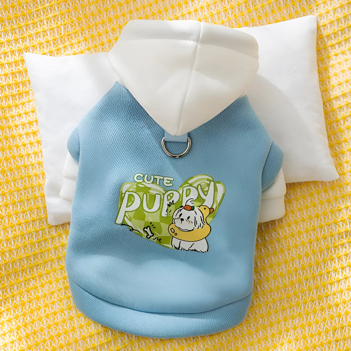 Blue thin fleece pet hoodie with white drawstring hood and cute cartoon dog graphic, sizes XS to XXL