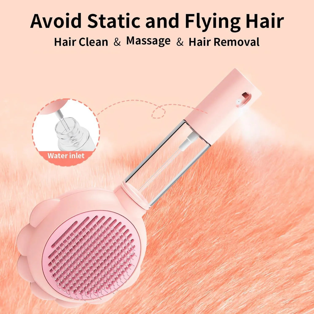 Grey spray cat brush with release button for pet grooming and shedding control