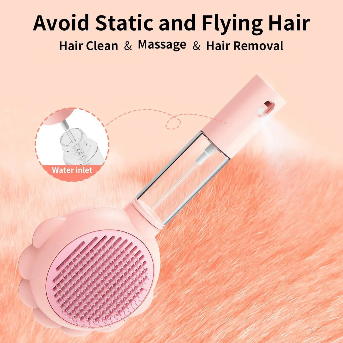 Grey spray cat brush with release button for pet grooming and shedding control