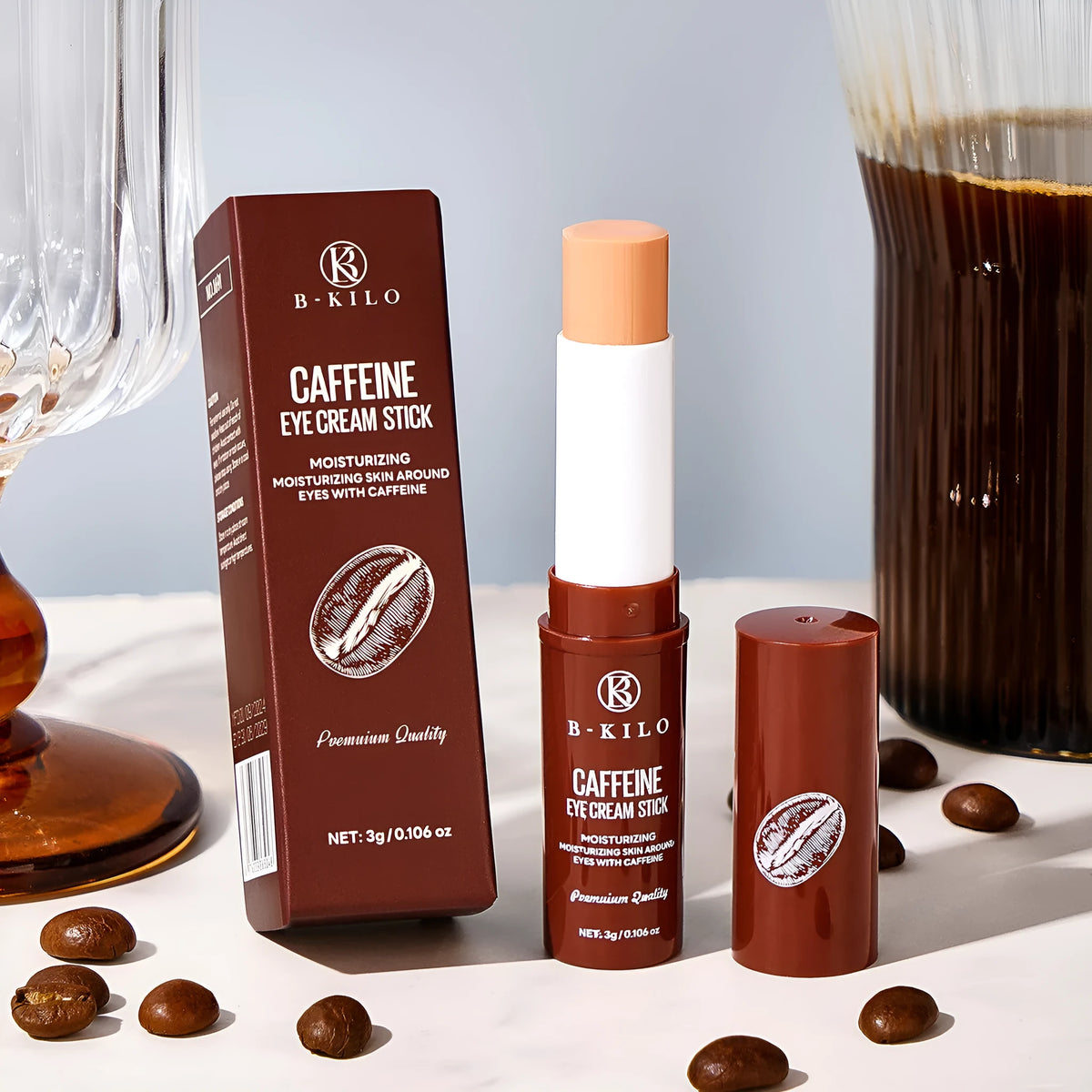 Caffeine eye cream stick in a white tube for under-eye hydration and dark circles.