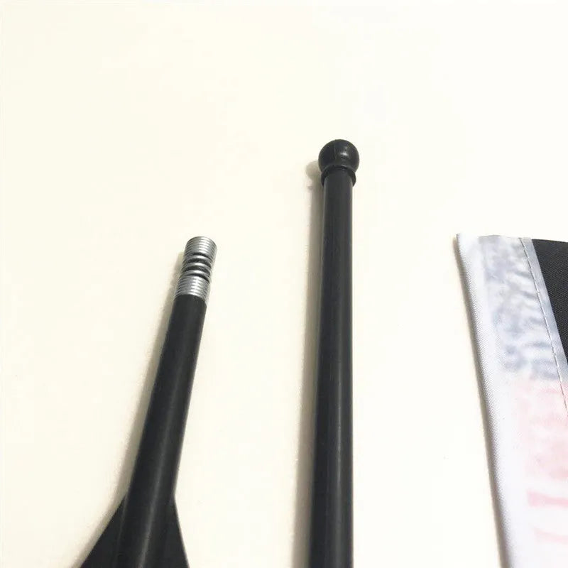 A square polyester fabric flag on a plastic handlebar flag pole for bikes and cars.