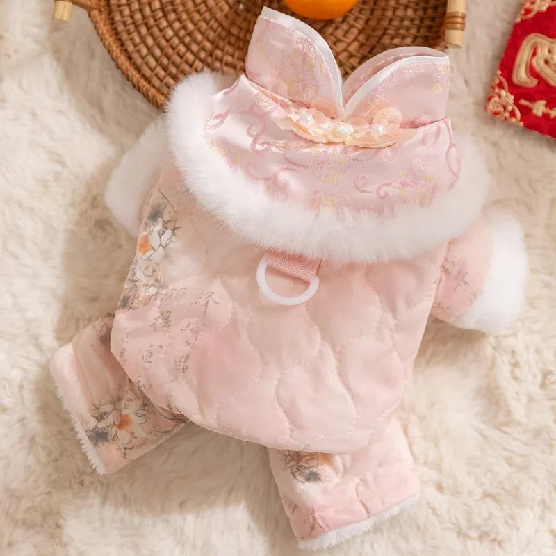 Thick cotton-padded 4-legged dog overalls with Chinese floral pattern faux fur collar and pearl-like buttons in blue