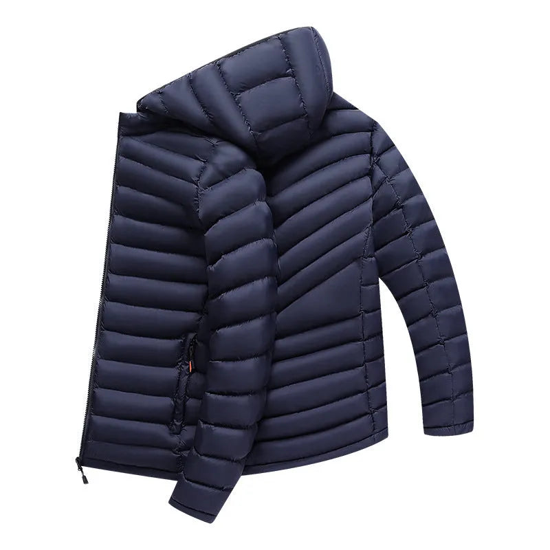 Men's lightweight padded jacket with hood and detachable collar in army green, showing zip front and pockets.