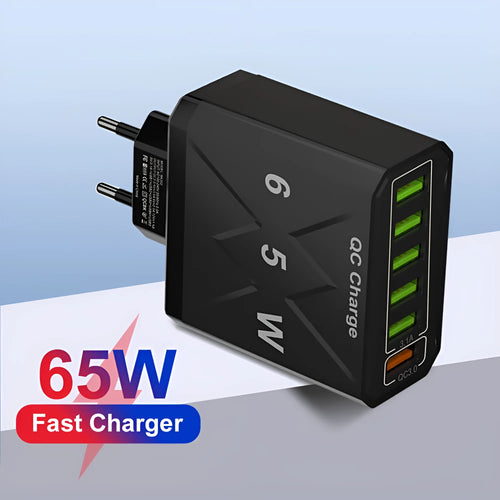 6-USB fast charger PC ABS plastic in black colour with UK plug