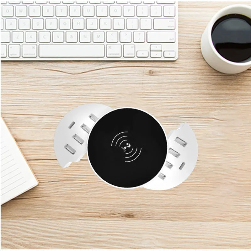 Ceramic white circular wireless charger with USB port for smart phone charging