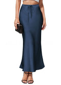 Asymmetric high waist skirt in acetate satin fabric with irregular stitching detail, shown in a choice of colours.