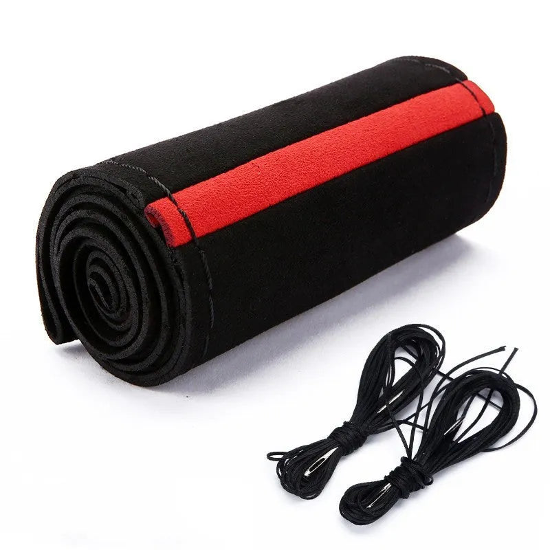 Black suede and microfiber steering wheel cover fitting 38cm diameter steering wheel