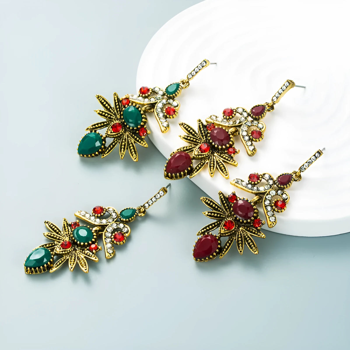 Retro ethnic alloy rhinestone geometric drop earrings in red or green for women
