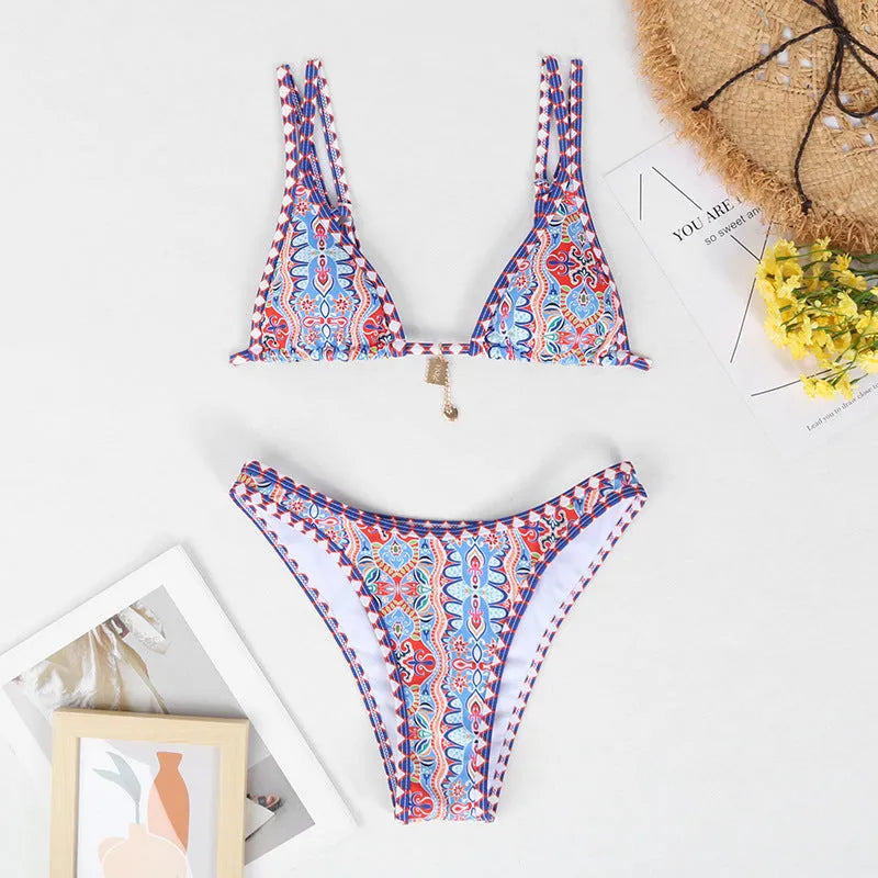 Retro four-colour printed women's bikini swimwear in polyester fabric