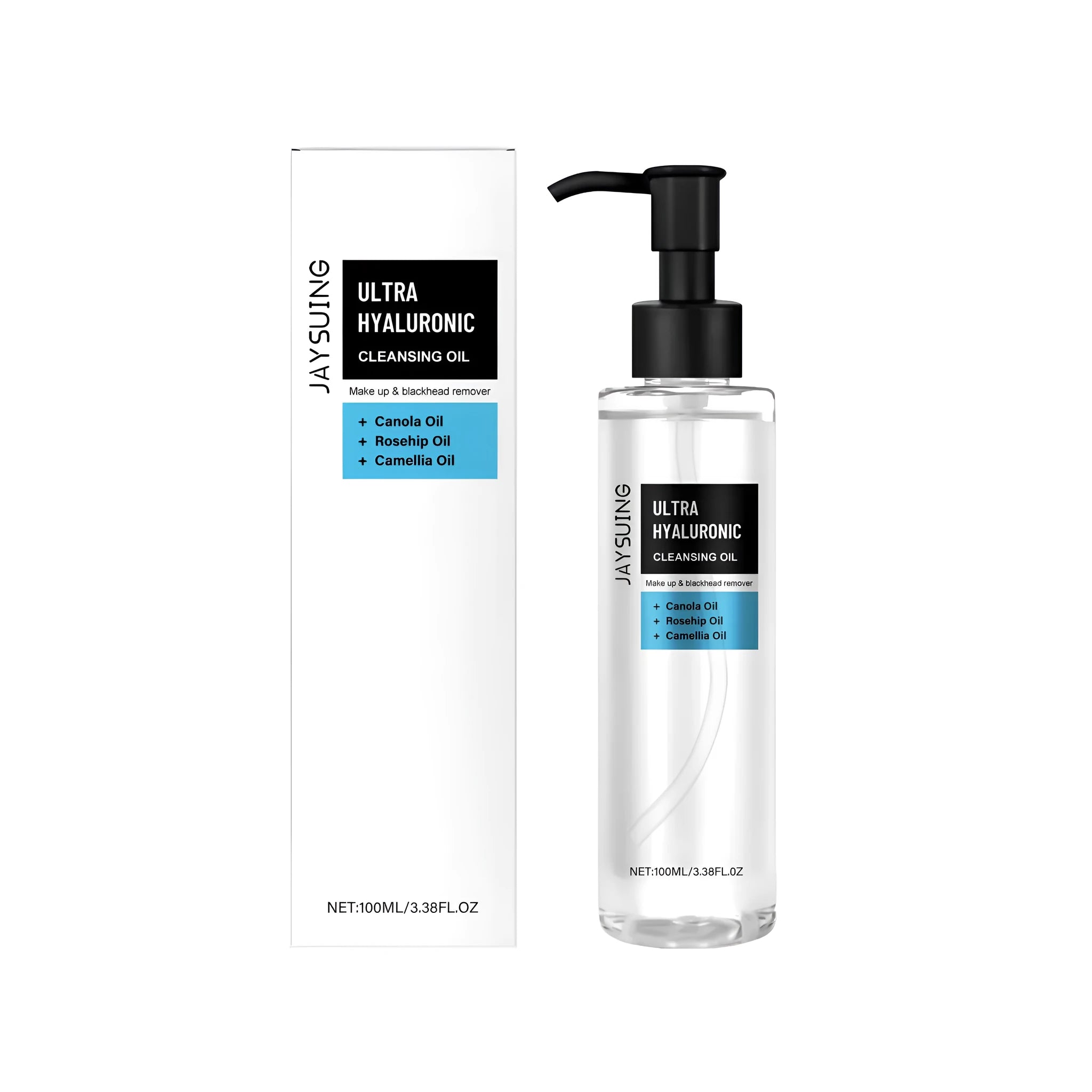 100ml bottle of hyaluronic acid cleansing oil with rose hip and camellia seed oils.