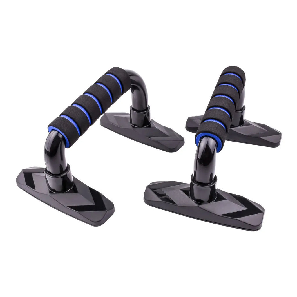 Two I-shaped push up bars with PP sponge grips, shown in blue colour on a plain background.