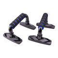 Two I-shaped push up bars with PP sponge grips, shown in blue colour on a plain background.
