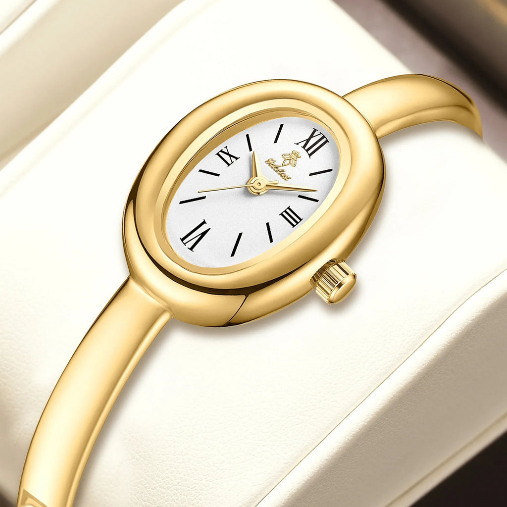 Women's oval retro quartz watch with 8mm case thickness in gold colour variant