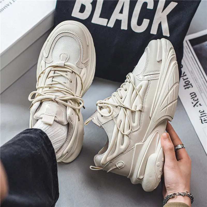 Men's beige and black mesh sneakers with rubber soles and lace-up front