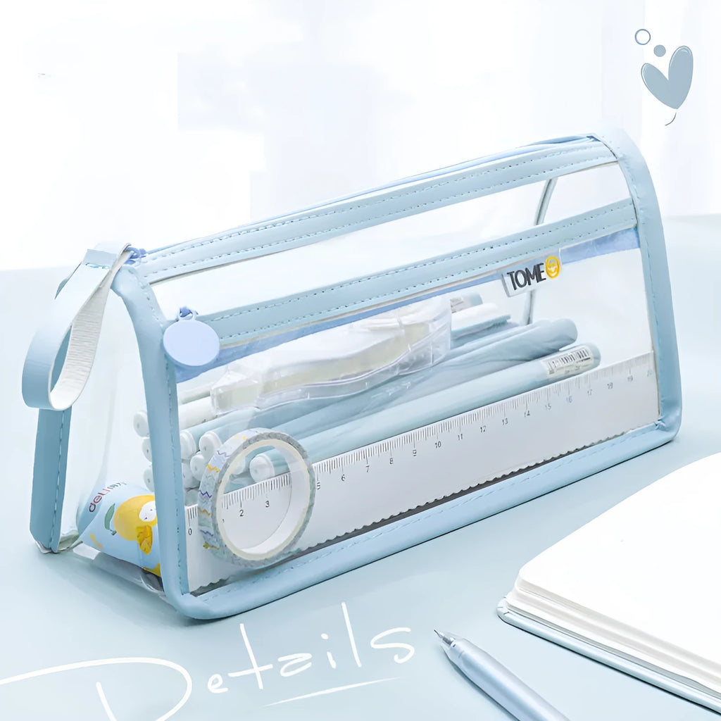 Clear double-layer pencil case showing two compartments, in beige colour tint with dimensions 220x110x80mm.