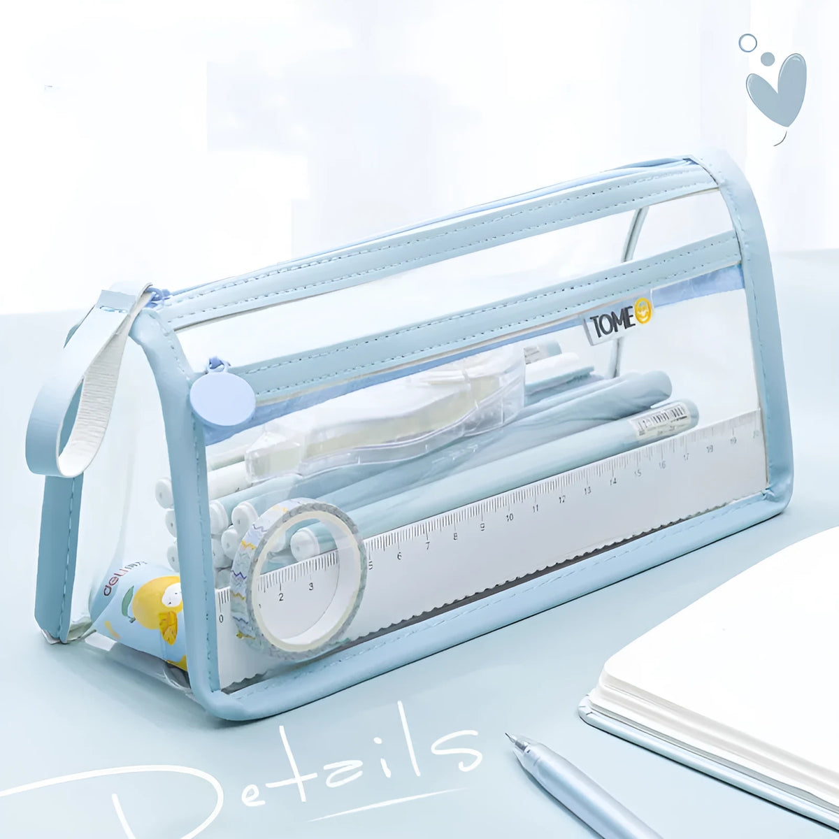 Clear double-layer pencil case showing two compartments, in beige colour tint with dimensions 220x110x80mm.